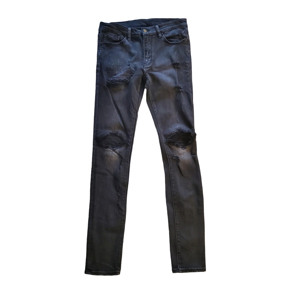 MNML | Black distressed knee with ribbed  patches skinny jeans (Size 32)